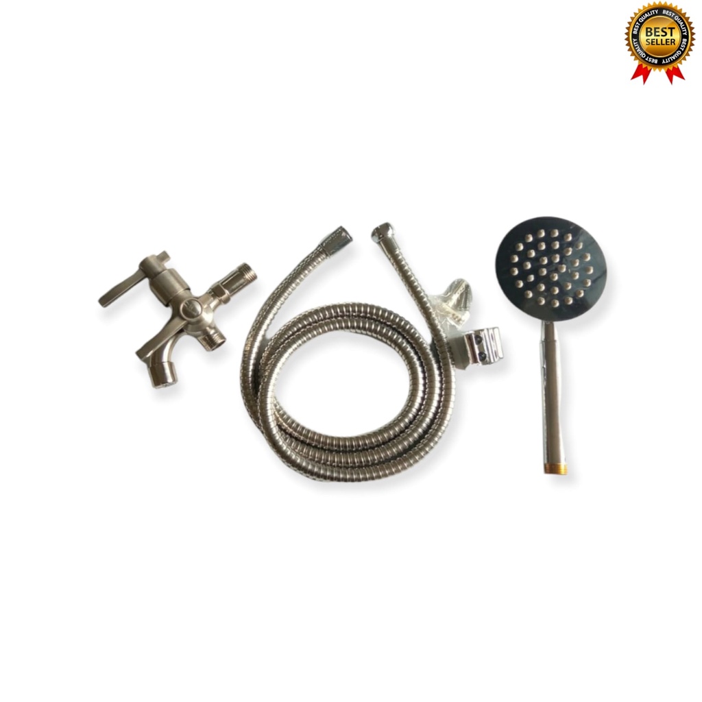 PAKET Hand Shower Kamar Mandi Full Stainless Shower Mandi Komplit Bagus Satu Set Bulat 1/2Inch