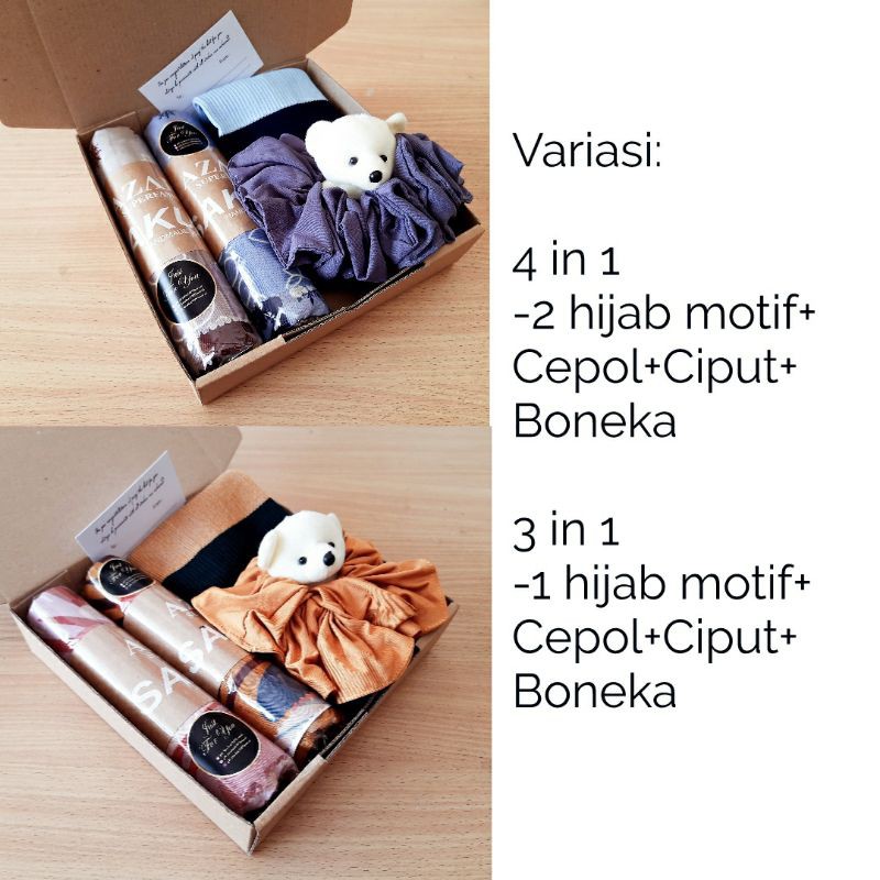 hampers hijab motif/ gift box hijab motif kado kerudung segi empat ciput cepol