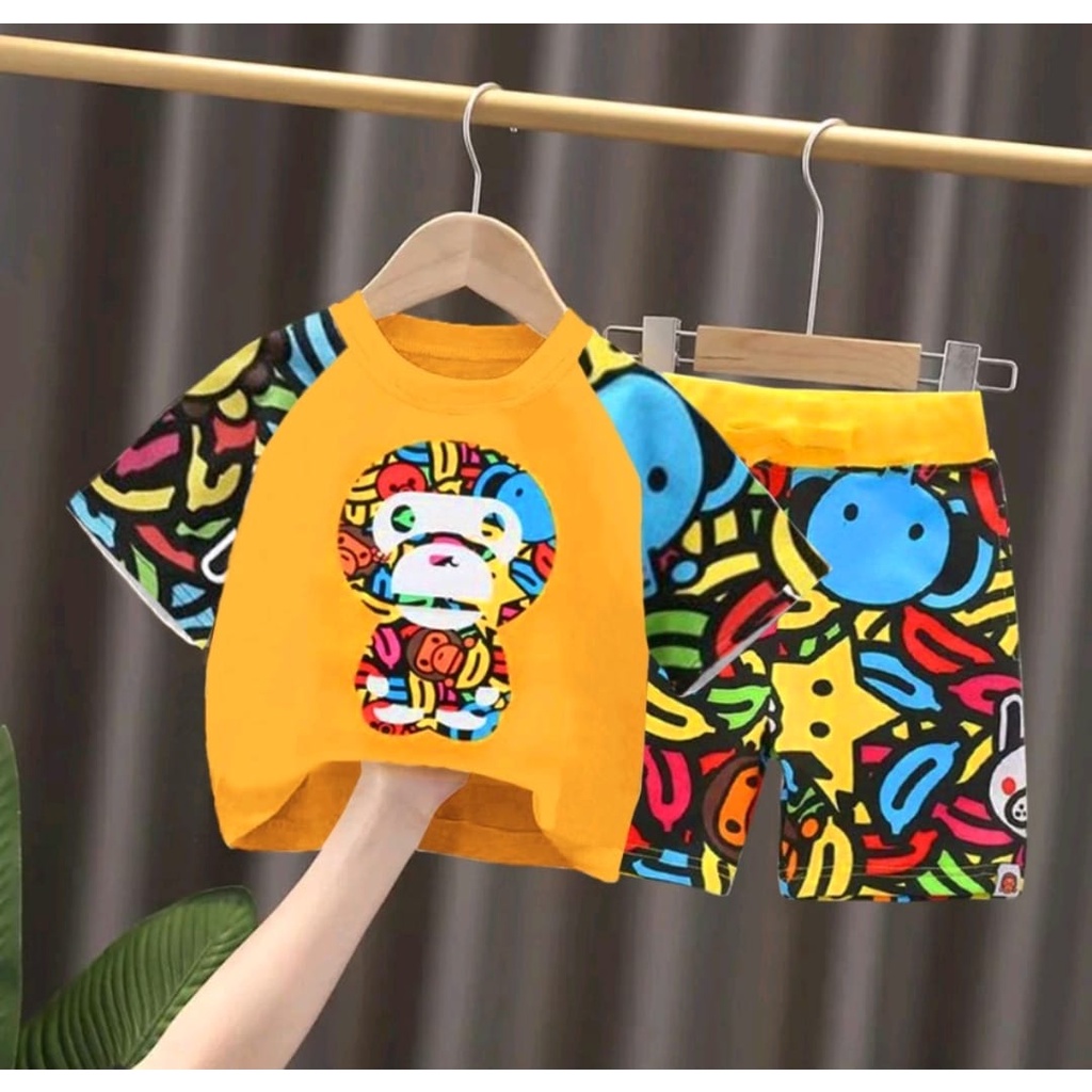 setelan baju bubu bayi anak motif bape milo size 1-5 tahun bahan katun lembut/ setelan baju bubu bayi anak laki laki trending/ setelan baju bubu bayi anak perempuan/ setelan baju bubu bayi anak terbaru terlaris/ setelan baju bubu bayi anak bape kids milo