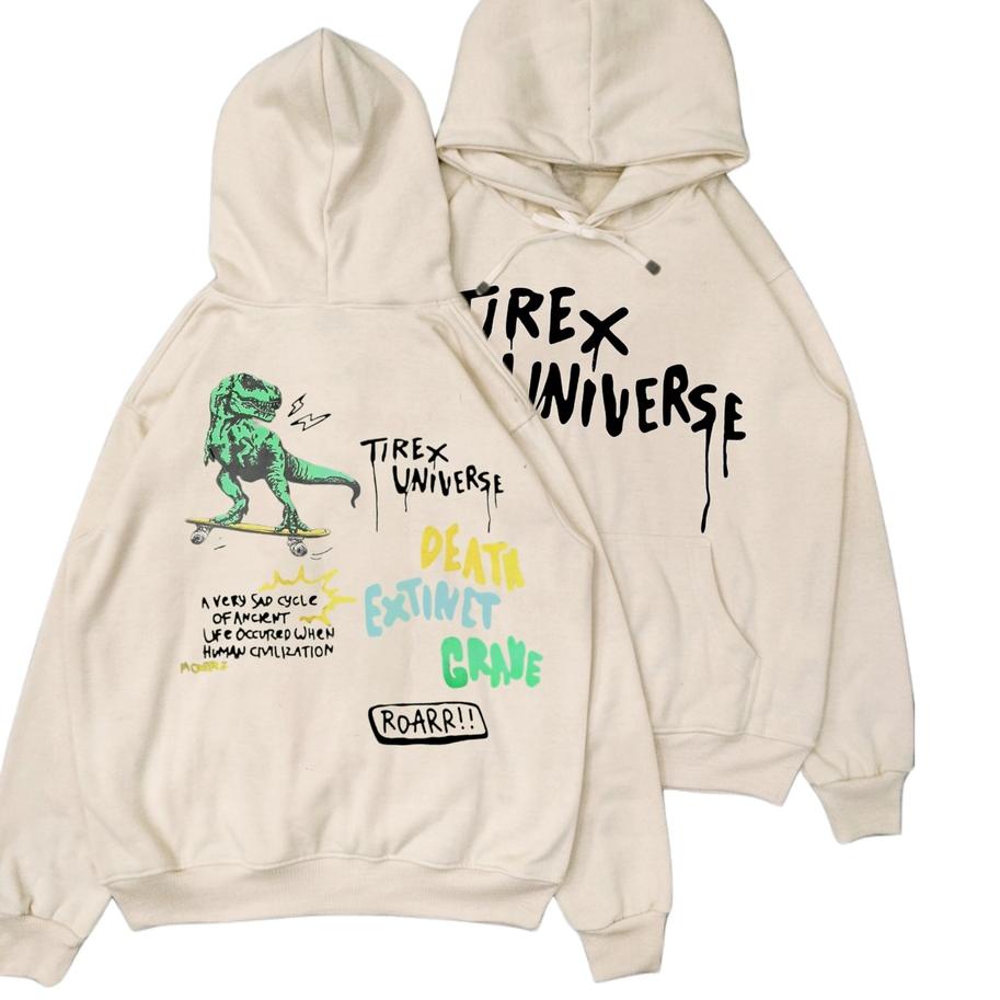 Hoodie Cream & Black Motif Tirex Universe Premium Distro Pria Dan Wanita Fleece Hodie Pria