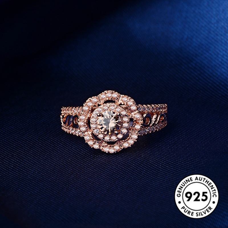 Cincin Sterling Silver 925 Model Bunga Warna Rose Gold Dengan Berlian Mewah Untuk Wanita