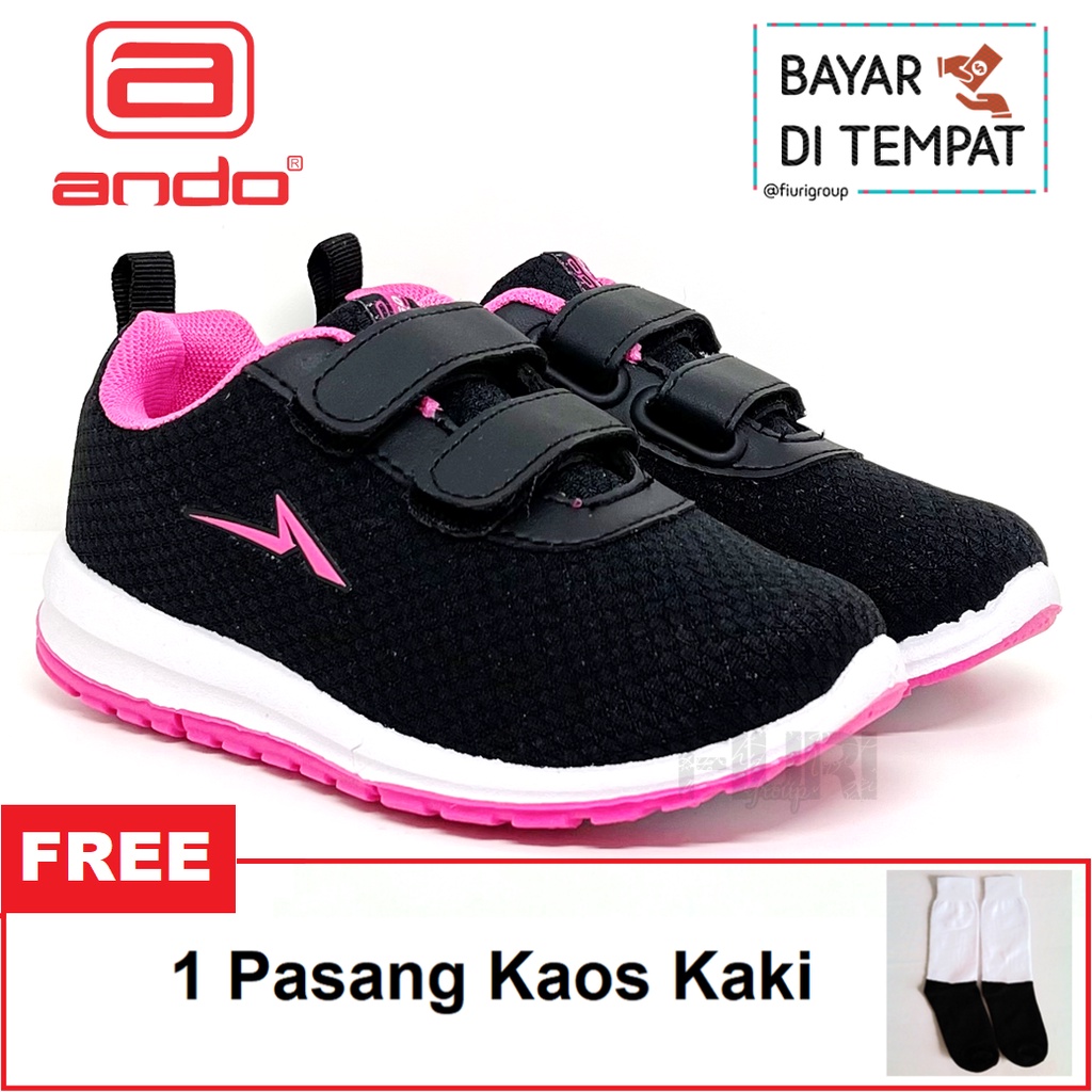 FIURI - ANDO ORIGINAL -  NITTA PEREKAT 29-36 HITAM PINK - SEPATU SNEAKERS KANVAS SOL KARET ANAK KECIL PEREMPUAN  - SEPATU KETS LUCU FASHION TRENDY - SEPATU SEKOLAH PAUD TK SD KRETEKAN PEREKAT CEWEK MURAH PROMO DISKON BONUS KAOS KAKI