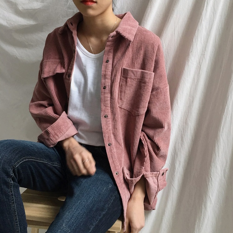 [chaoo.id ]Kemeja korduroi lengan panjang kasual longgar warna solid wanita Korea