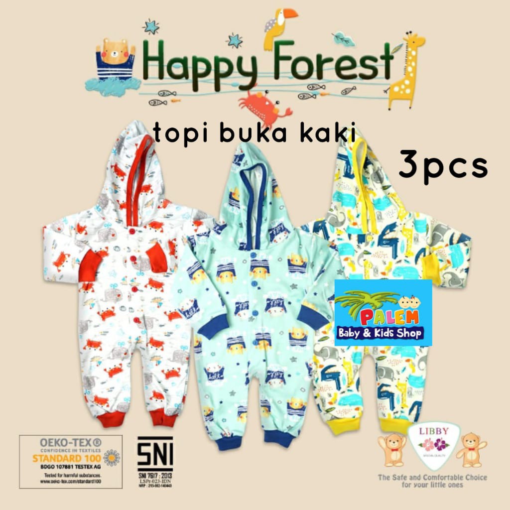 libby baju kodok/jumper topi buka kaki &amp; tutup kaki 3pcs usia 0-3 bulan