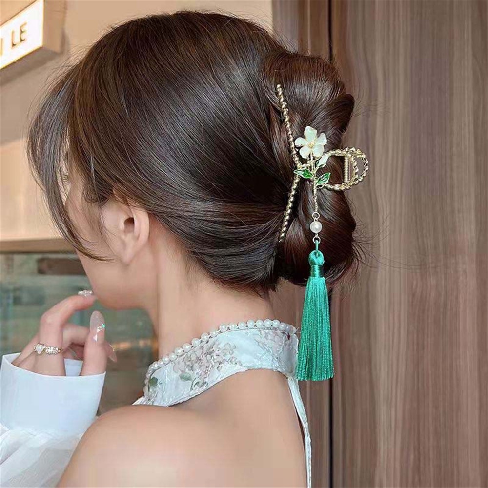 [COD Tangding] Vintage Gaya Cina Bunga Cakar Besar Hiu Klip Wanita Perempuan Elegan Rumbai Jepit Rambut Aksesoris Rambut