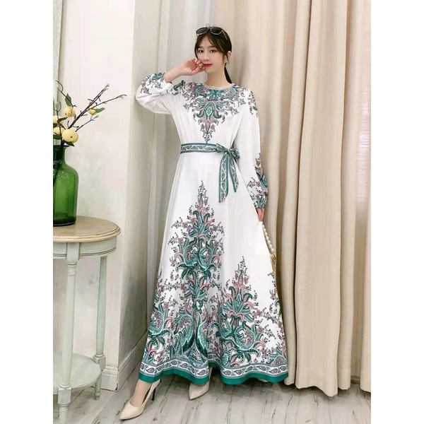 SALE!!! RESTOCK!!! DRESS GAMIS ESTILO SERIES 02 IMPORT BKK-putih corak hijau