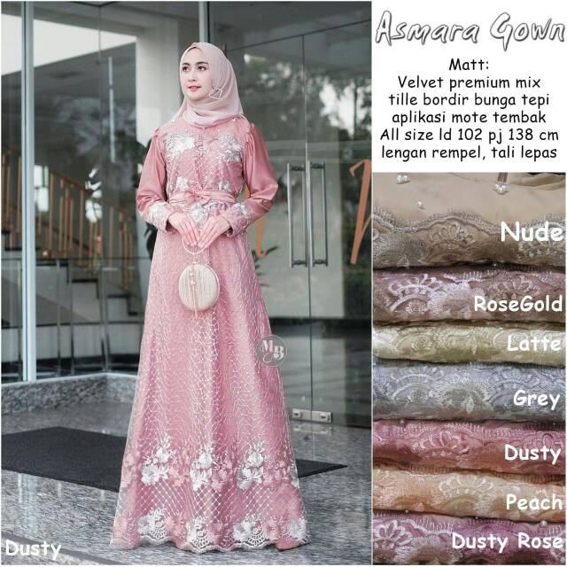 DRESS PESTA GAMIS ASMARA GOWN BROKAT TILE BORDIR MUTIARA MIX VELVET IMPORT MODERN MURAH