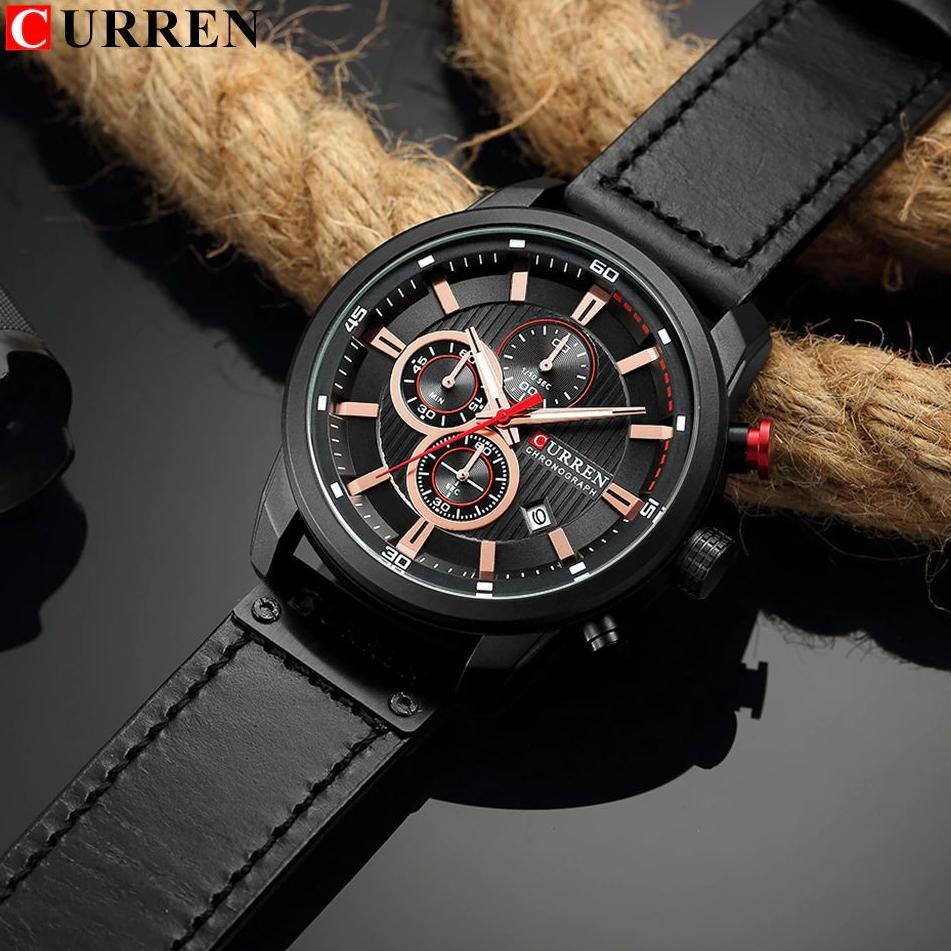 "SDG. 44" CURREN 8291 Jam Tangan Pria Analog Tali Kulit Chronograph Aktif CURRENOS