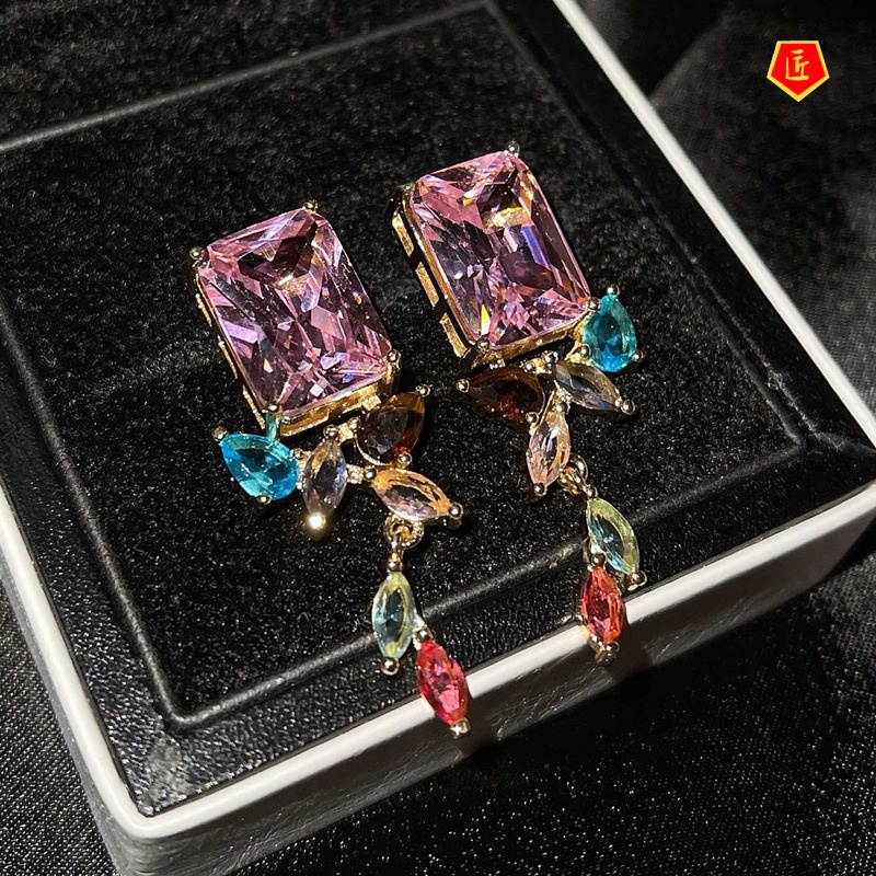 [Ready Stock]Noble Irregular Color Square Diamond Earrings