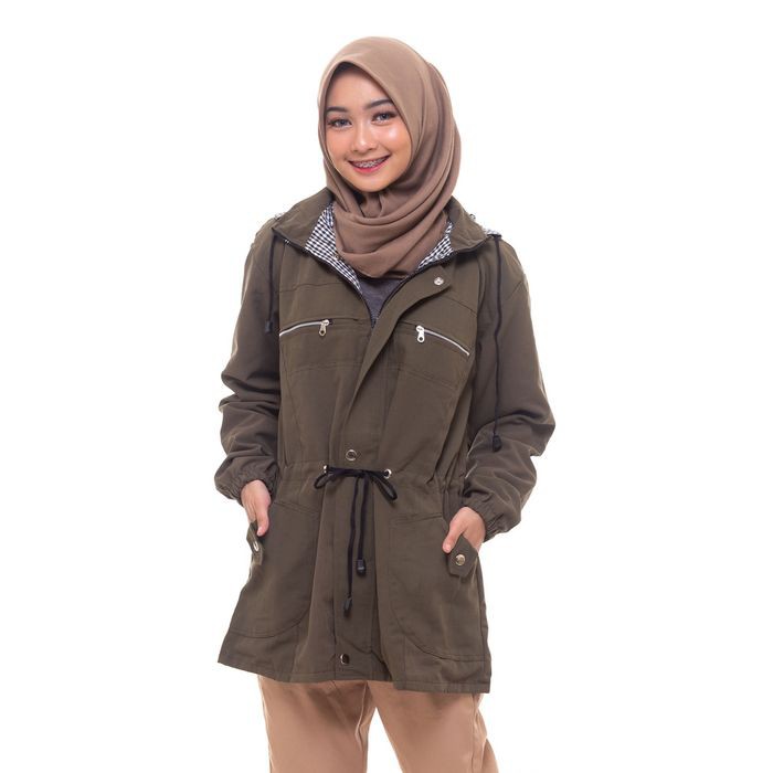 JAKET PARKA JUMBO BIG SIZE WANITA XL XXL BOMBER PARASUT CEWEK BLAZER - Green army All Size
