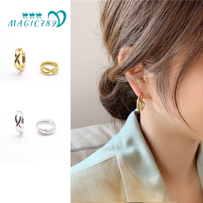 Magic789 Anting Bulat Silver S925 Model Silang Geometri Minimalis Untuk Wanita