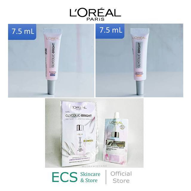 L'Oreal Paris Glycolic Bright Glowing Kemasan Sampel / Sachet Kecil - Day, Night Cream 7,5ml &amp; Serum 6ml - Skincare Krim Siang Malam Glyco Loreal - Glicolic Acid AHA Skin Care Wajah Pink