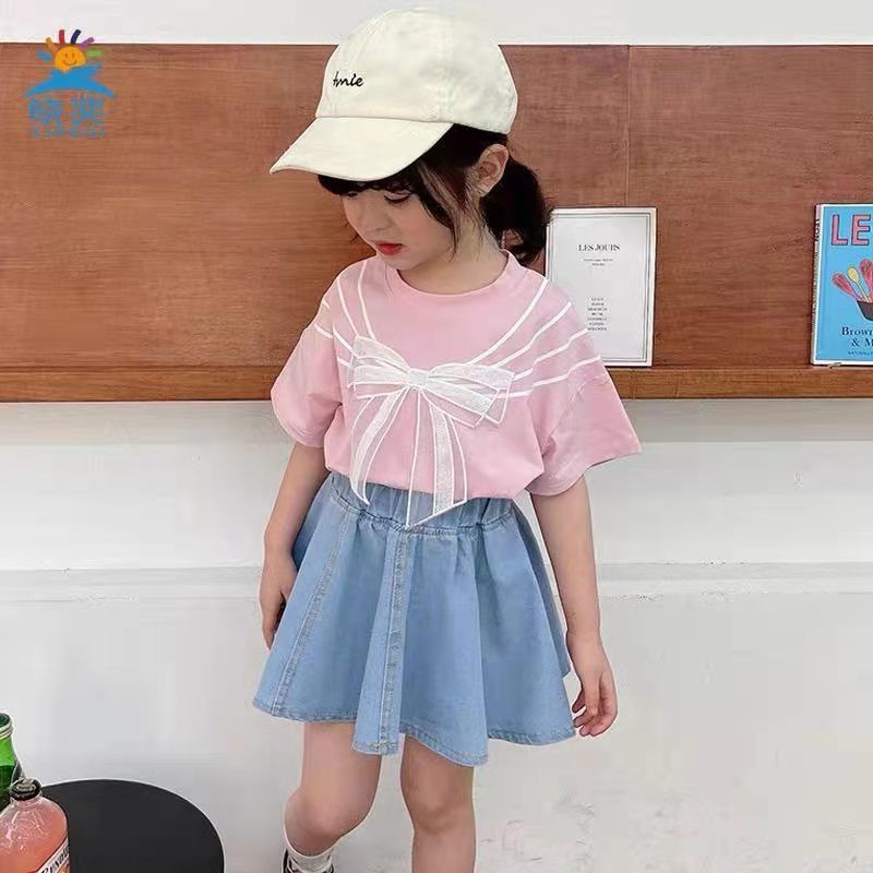 KF CAT Setelan Anak Perempuan Kaos Lengan Pendek +Rok Jeans Motif Pita 2IN1 Cotton Import Korea Style-2