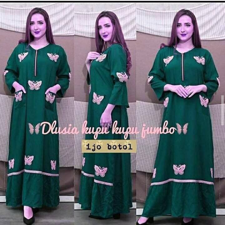 Dlusia Kupu Kupu Dress Wanita Renda Arab Rayon Premium Longdress Lengan Panjang Baju Wanita Kekinian LD 110 cm