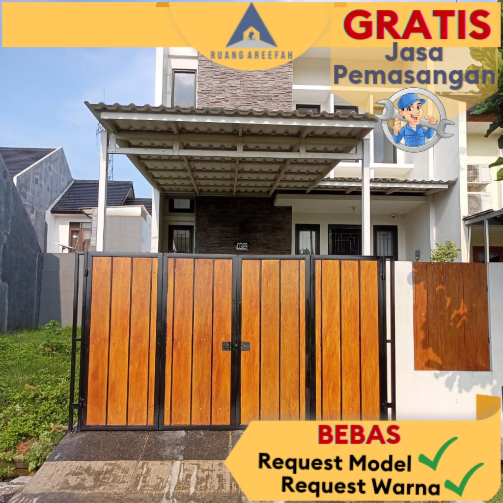 Pintu pagar pager gerbang rumah minimalis besi kayu modern wood planc plank