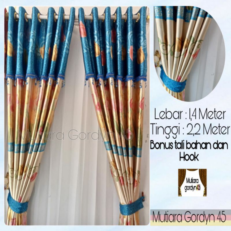 GORDEN Hordeng Murah Blackout Poni Lurus Printing Emas TULIP BIRU