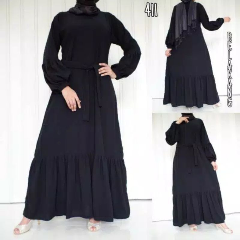 invinov - Baju Gamis Abaya hitam putih polos serut depan belakang bahan cringcle air flow terbaru