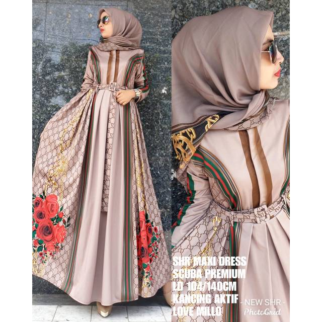 READY STOK ORI 100% SHR set dress maxi gamis + jilbab scuba ori syahira motif bunga import