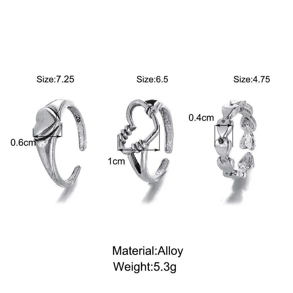 3pcs / Set Cincin Model Hollow Out Bentuk Hati Warna Silver Untuk Wanita