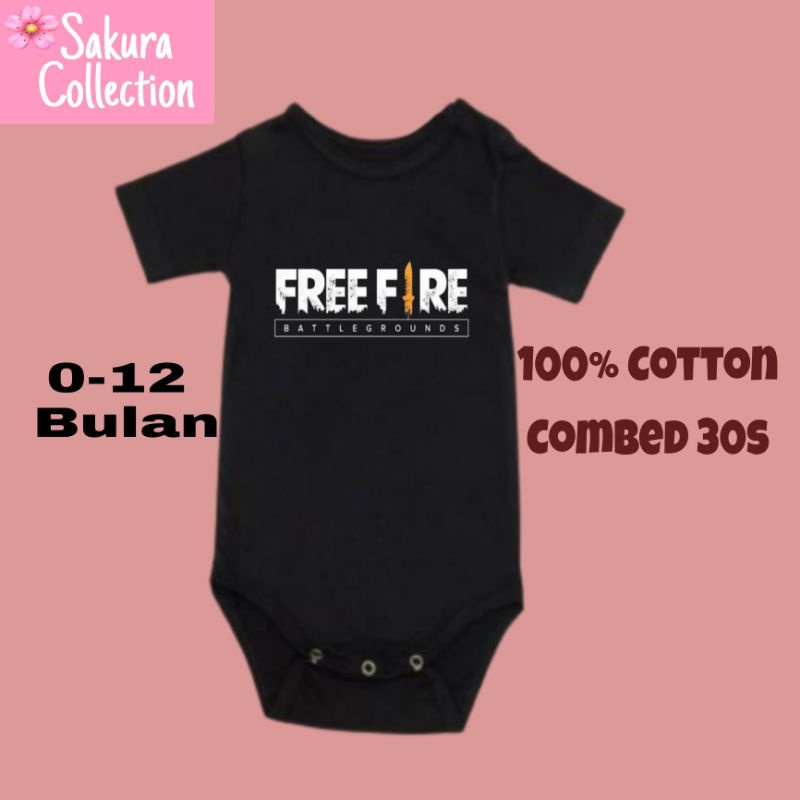 Kaos baju bayi jumper baby kids pendek viral logo tulisan FREE FIRE player games lucu usia 0 1 2 3 4 5 6 7 8 9 10 11 12 bulan sampai umur 1 tahun adem jumpsuit babysuit romper bodysuit little anak kecil hitam style laki laki perempuan unisex nyaman lembut