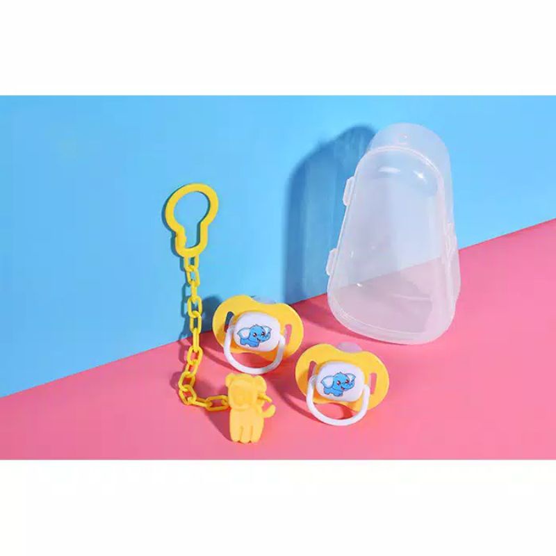 Empeng bayi isi 2pcs + Rantai Klip Pacifier Dot Silicone bayi free box-Kuning