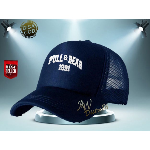 PROMO Topi Distro Pull&amp;Bear 1991 Text Putih Premuim Quality Topi Trucker Keren Murah Banyak Di Cari Cowok &amp; Cewek Topi Kata Kata Sablon