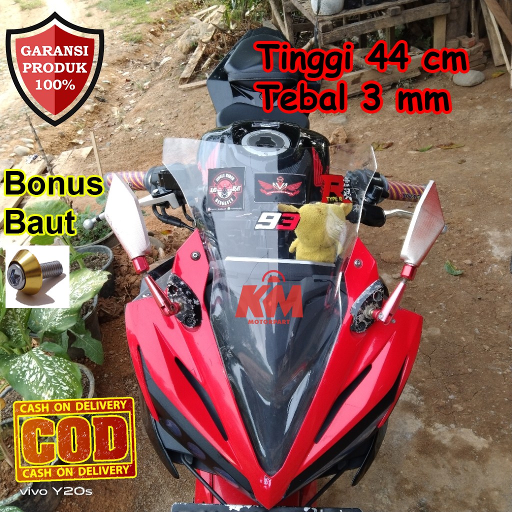 Visor CBR 150r Facelift 2017 2018 Jenong Tebal 3 mm Tinggi 44 cm Hitam dan Bening