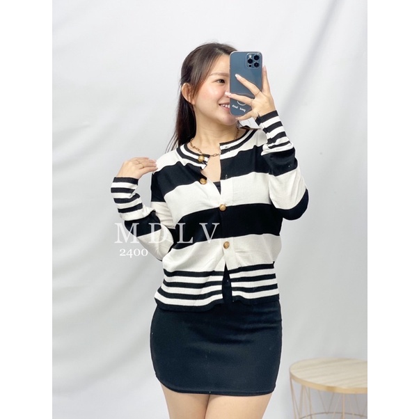 MDLV ~ 2400 Dominina Striped Knit Jacket Women Knit Stripe Cardigan Import Cardigan Garis Rajut Cardigan Rajut Premium Cardigan Rajut Lengan panjang Cardigan Premium Good Quality Fashion Import