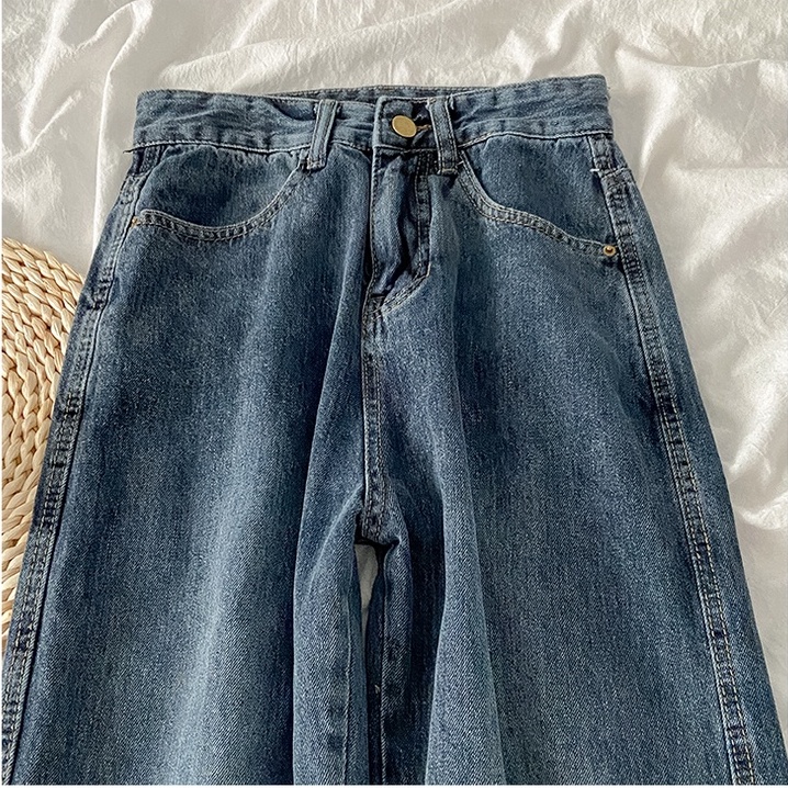 【COD】biru retro korean style high waist lurus celana jeans wanita longgar Import