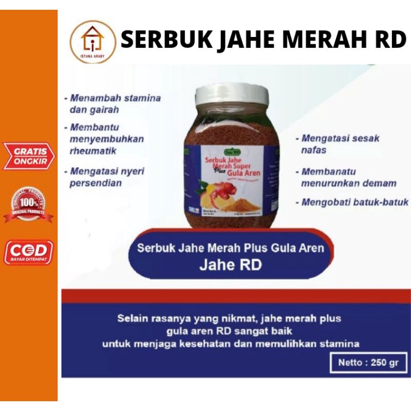 

SERBUK JAHE MERAH RD SUPER PLUS GULA AREN 250GR/MINUMAN JAHE MERAH/PENGHANGAT TUBUH