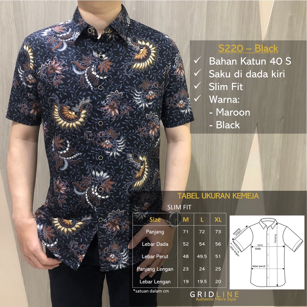 [GRIDLINE - S333 Dark Navy &amp; Black Maroon - S220 Maroon &amp; Black] Kemeja Batik Slimfit Pria Katun Lengan Pendek Match Cotton 40S Modern