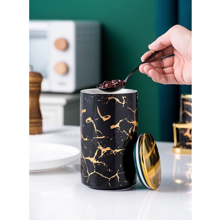 Mi.more Snack Jar Set Dengan Panjang/Trapesium Gold Rak Puith Hitam/ Toples Makanan Cemilan Gold Mewah Motif Marble Marbel