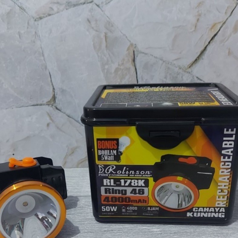 COD SENTER KEPALA LED PROFESSIONAL HEADLAMP RECHARGEABLE 50 WATT ROLINSON RL-178K CAHAYA KUNING 50 WATT BONUS BOHLAM 5 WATT