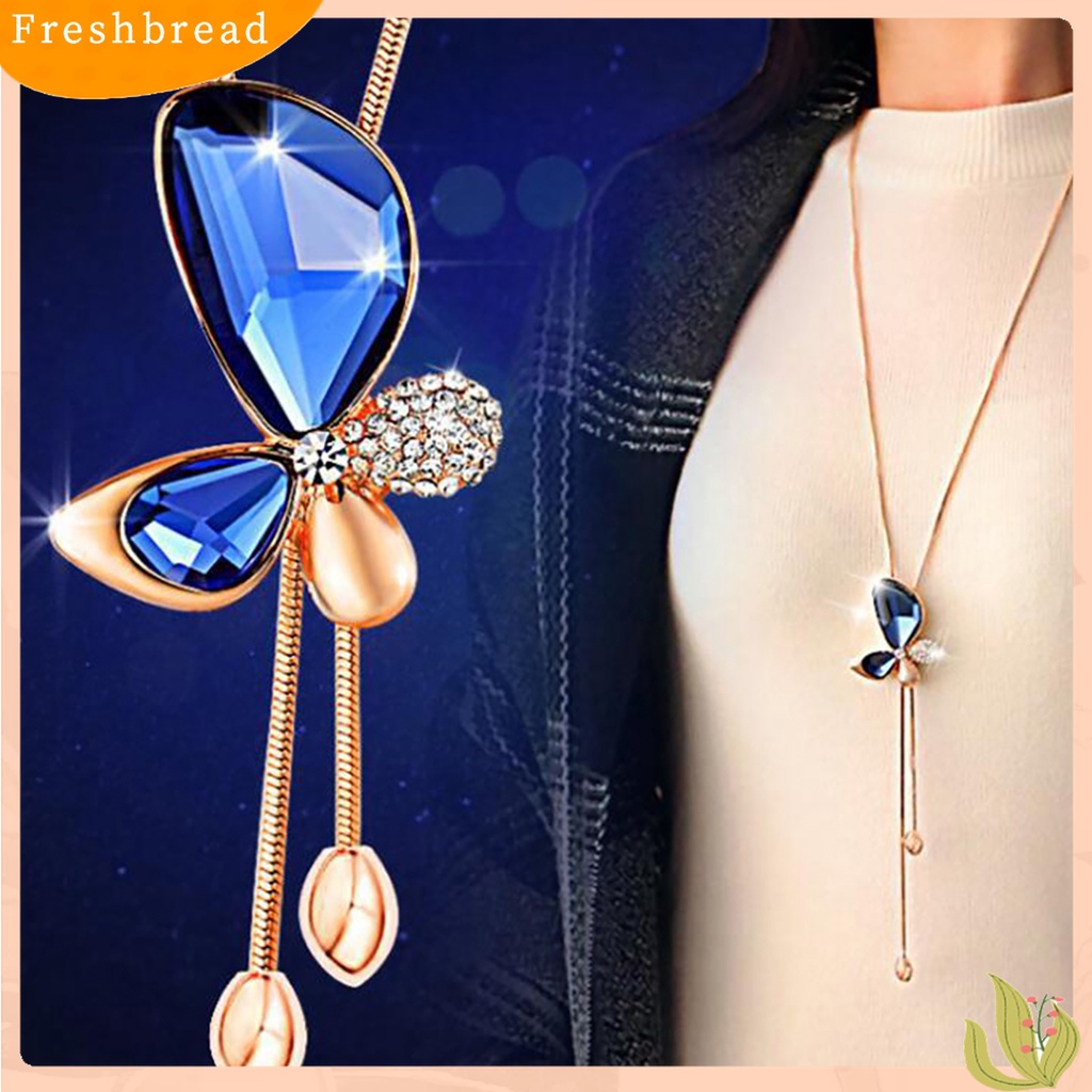 [TERLARIS]Women Rhinestone Inlaid Butterfly Tassel Pendant Long Chain Necklace Jewelry