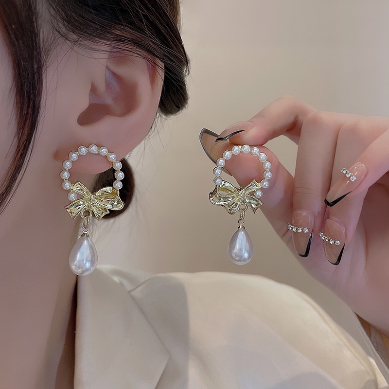 Anting Tusuk Sterling silver 925 Model Pita Dengan Mutiara Mewah Untuk Wanita