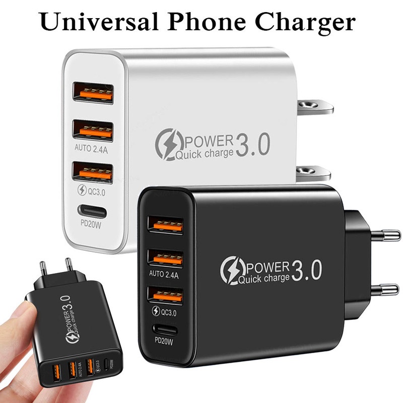 Adapter Charger Dinding 4 Port USB C PD US / EU Plug Untuk iPhone / Android