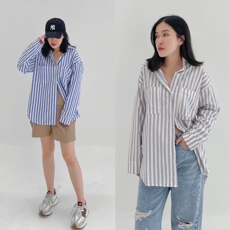 ASOKA Kemeja Stripe Salur - Atasan Wanita Lengan Panjang - Kemeja Katun