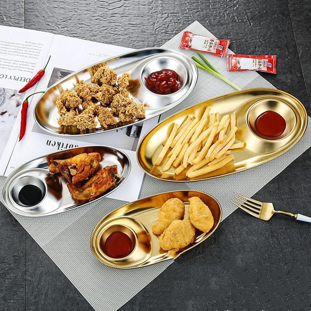 [Elegan] Piring Snack Sekat Grid Barbekyu Peralatan Makan Piring Nampan304 Stainless Steel Dapur French Fries Plate