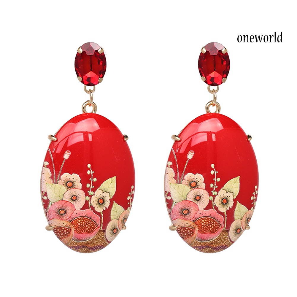 OW@ Elegant Women Resin Oval Shape Flower Pendant Earrings Rhinestone Inlaid Jewelry