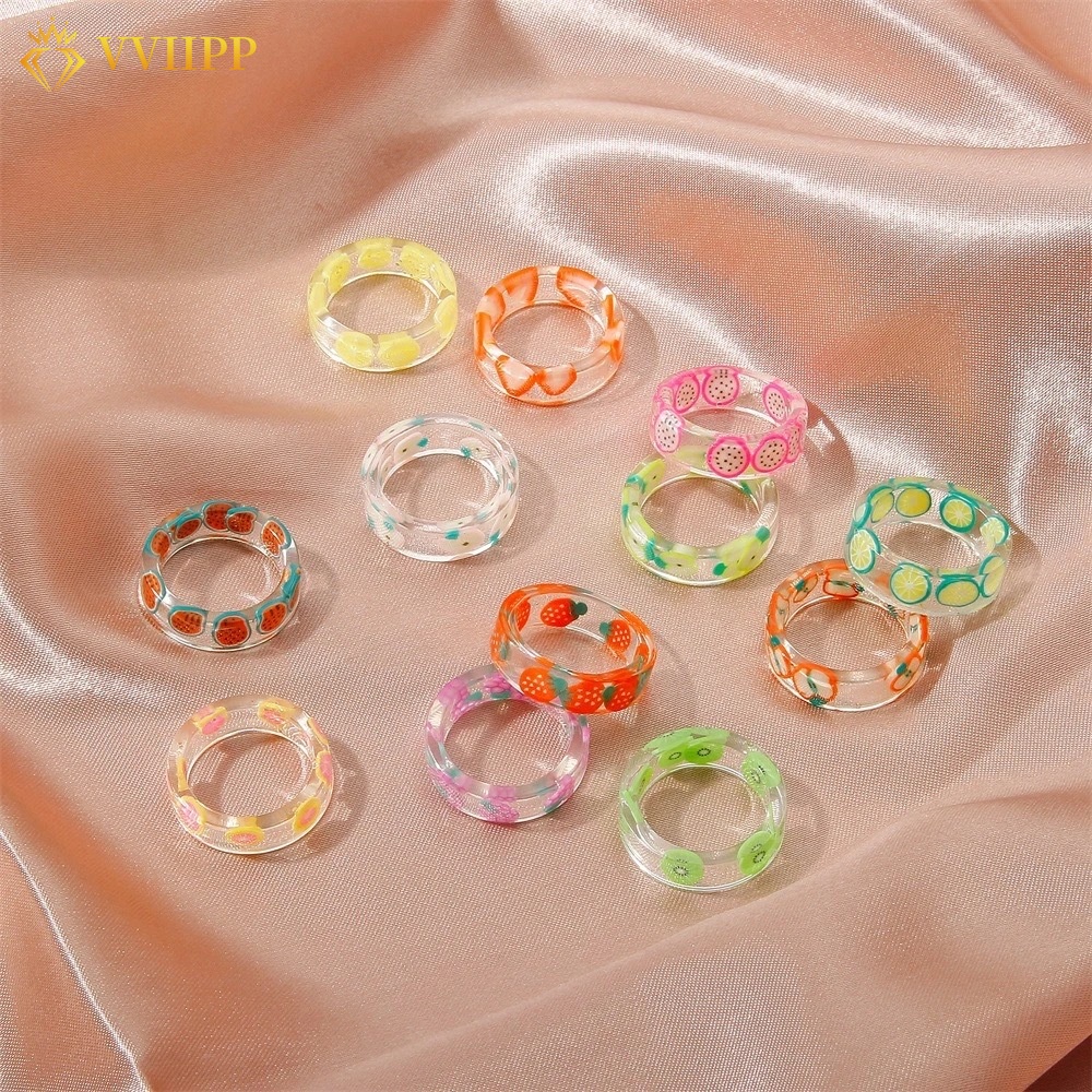 Cincin Resin Transparan Bentuk Buah Warna-Warni Gaya Korea Untuk Wanita