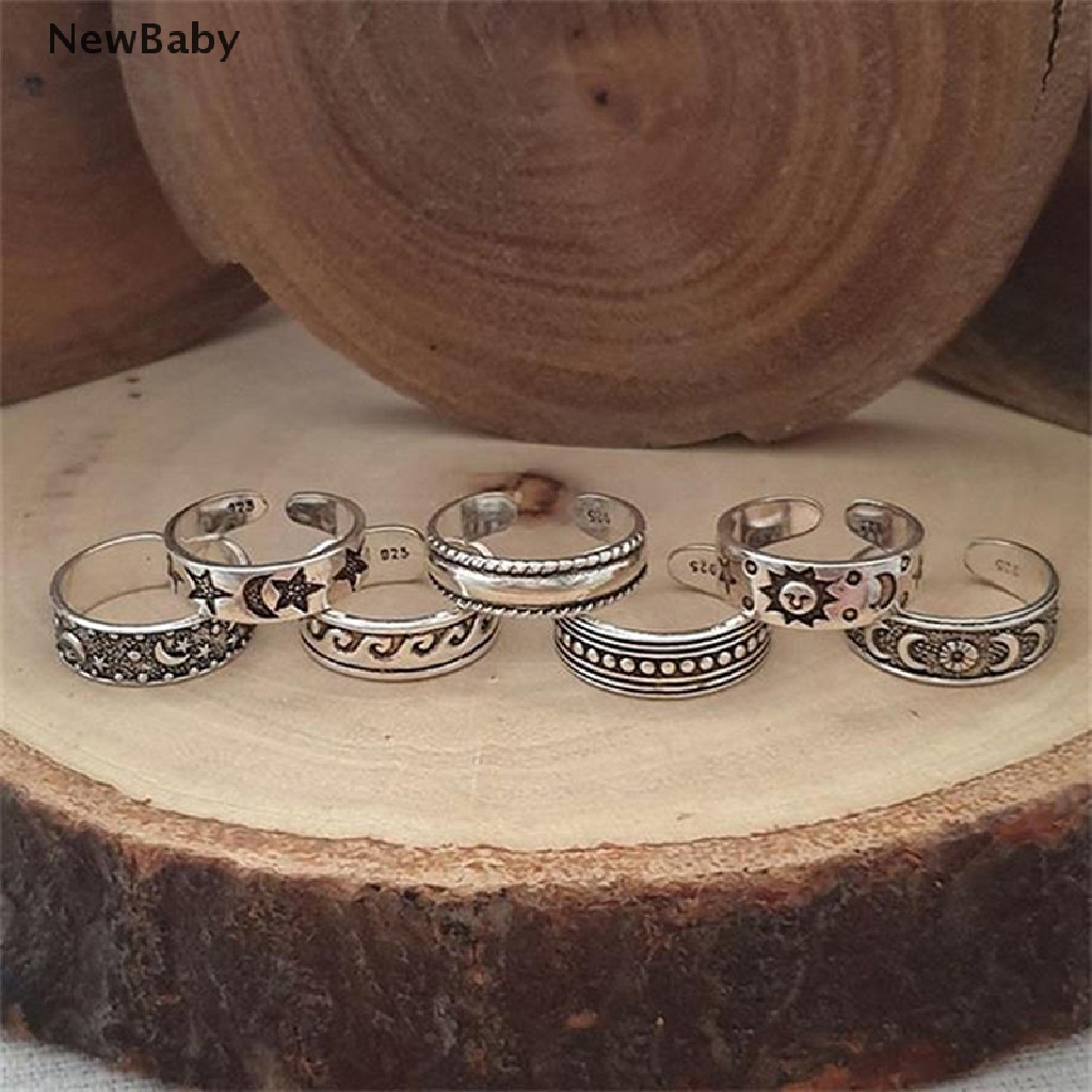 NewBaby 7Pcs Vintage Hollow Carved Star Moon Toe Rings Kits Adjustable Open Finger Ring ID