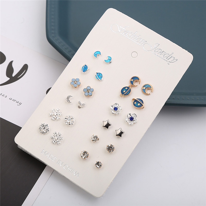 [12 Pairs Mixed Styles Rhinestone Geometric Moon Earth Stars Korean Studs Earrings Set] [Girls Simple Sweet Earrings ][ Korean INS Style Studs Earrings Party Ear Jewelry]