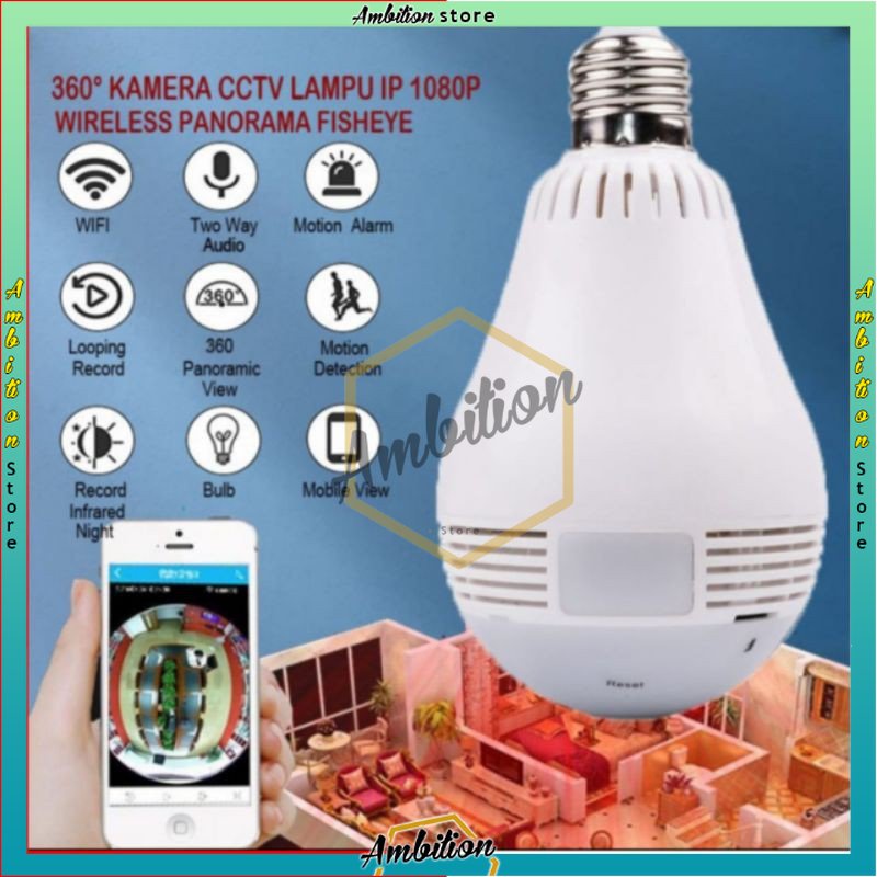 V380 Lampu Bohlam VR Spy Cam Owlcam KAMERA CCTV LAMPU IP WIRELESS 2 MP PANORAMA FISHEYE V380 A9