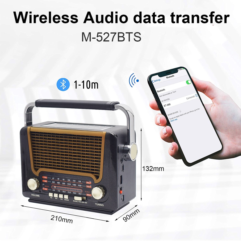 Radio fm bluetooth/AM/SW Radio jadul Player Radio Portabel Retro Solar Pengisian denganSenter Kartu Radio Speaker Bluetooth 527BTS