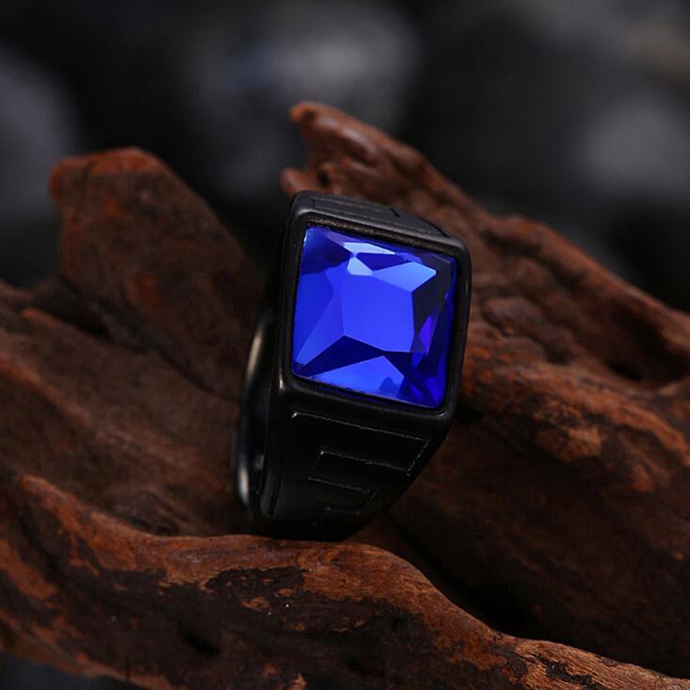 Cincin Safir Baja Titanium Hitam Batu Permata Kristal Biru Pria Wanita Fashion Perhiasan Aksesoris Rings