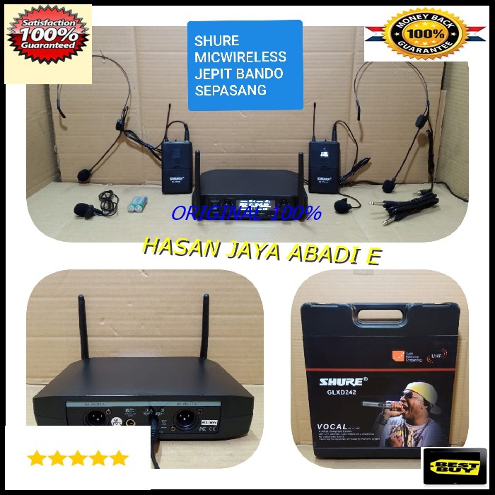 Shure pro mic karaoke sepasang JEPIT HEADSET BANDO UHF mikrophone Wireless microphone wireles suara audio sound sistem vokal sing a song vocal mik professional panggung dj studio UHHS  Sepasang 1bh reciever digital  2bh mic digital  SHURE GLXD 242 JEPIT