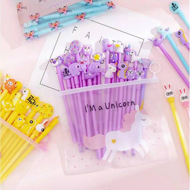 (12pcs atau 20pcs) Pen karakter/pen fancy/pen kantong/pen mix /pen dapet pouch/pen 12/20pcs + dompet-1