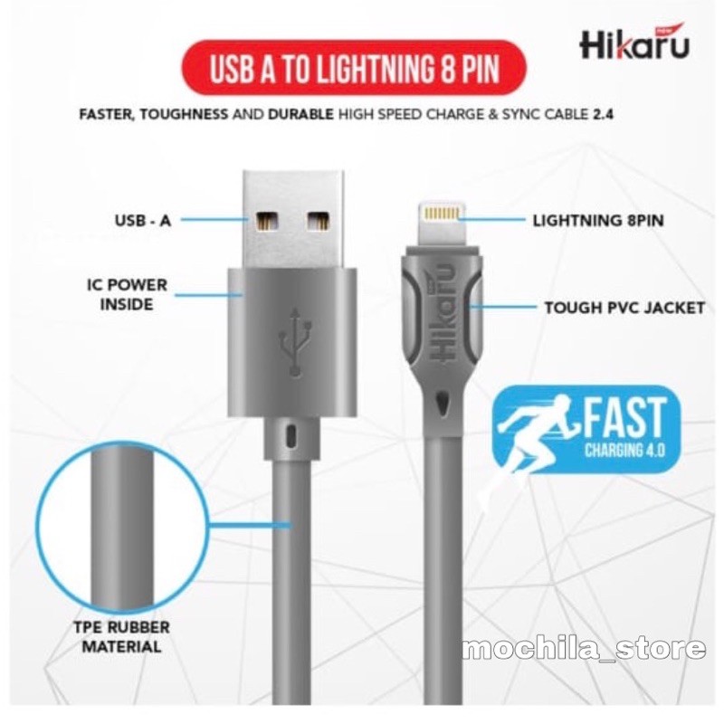 Kabel Data Fast Charging Iphone - Lightning 8 Pin - Dura Fast 2.4A - 1 Meter - Fast Charger - Hikaru