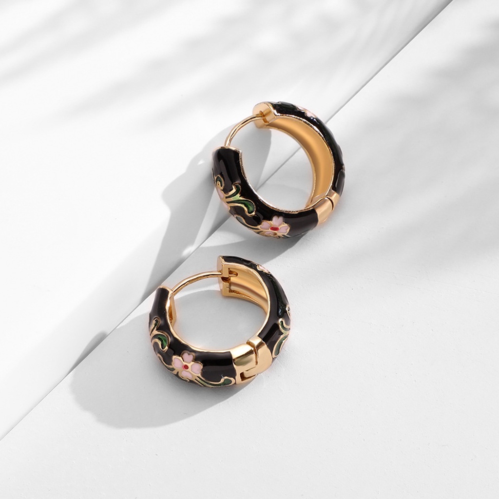 Hu Hu Hu Hu Hu Alat Bantu Pasang Kacamata♡ 1 Pasang Anting Stud Bentuk Lingkaran Motif Print Bunga Aksen Kubik Zirkon Gaya Vintage