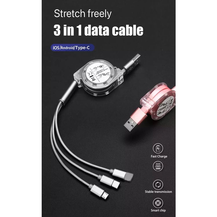 Kabel Data 3 in 1 Type C Micro Usb Lightning Iphone Cable Charger Tarik Anti Kusut Gulung Otomatis